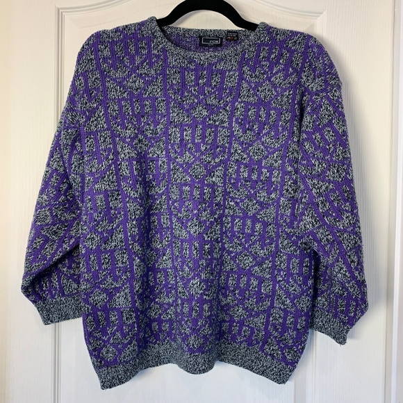 Fox Sweaters - Fox Vintage-Style Graphic Knit Sweater (S) Purple/Grey/Black Bold Retro 80s 90s